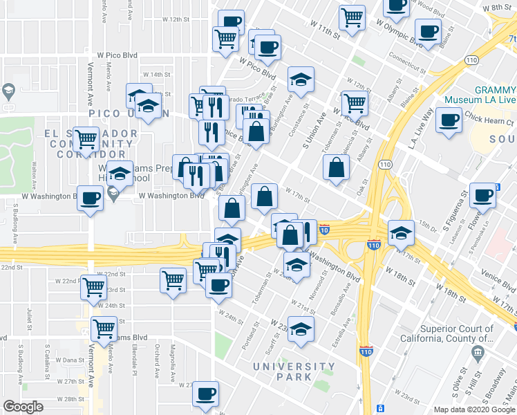 map of restaurants, bars, coffee shops, grocery stores, and more near 1114 West 18th Street in Los Angeles