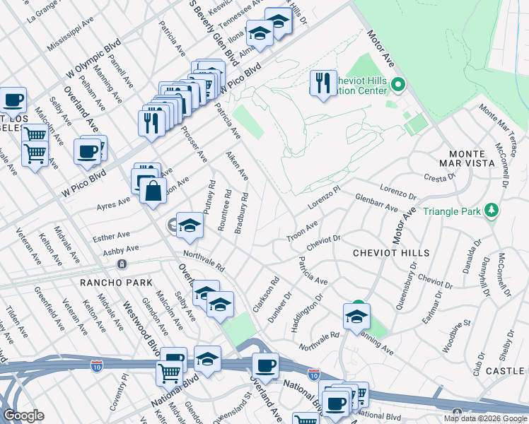map of restaurants, bars, coffee shops, grocery stores, and more near 10542 Butterfield Road in Los Angeles