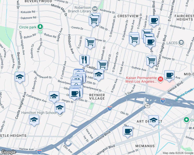 map of restaurants, bars, coffee shops, grocery stores, and more near 8925 West 24th Street in Los Angeles