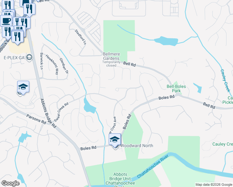 map of restaurants, bars, coffee shops, grocery stores, and more near 330 Hurst Bourne Lane in Johns Creek