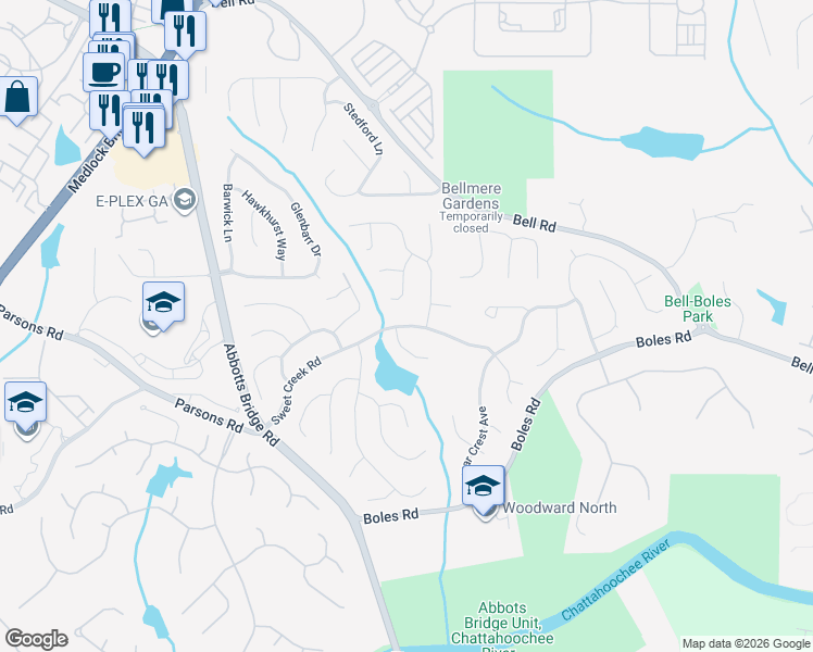 map of restaurants, bars, coffee shops, grocery stores, and more near 7040 Sweet Creek Rd in Johns Creek