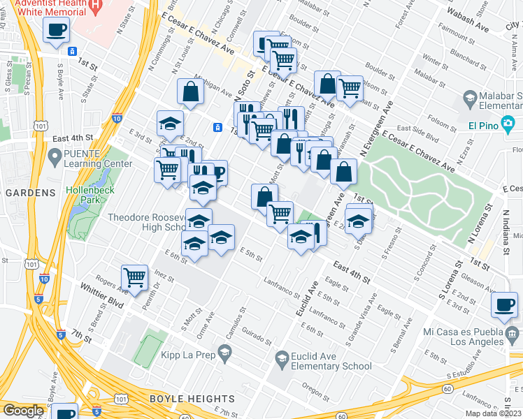 map of restaurants, bars, coffee shops, grocery stores, and more near 2700 East 3rd Street in Los Angeles