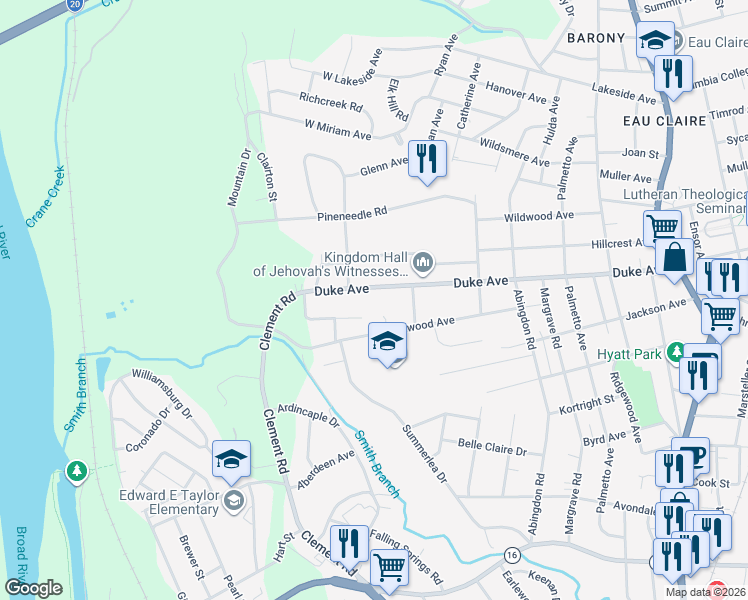 map of restaurants, bars, coffee shops, grocery stores, and more near 122 Duke Avenue in Columbia