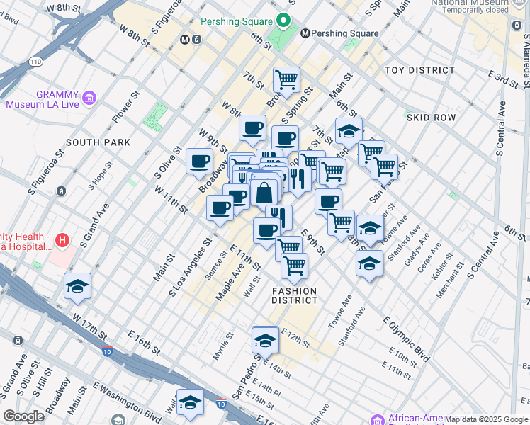 map of restaurants, bars, coffee shops, grocery stores, and more near 327 East 11th Street in Los Angeles