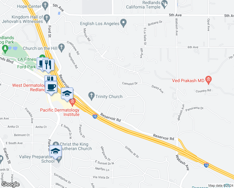map of restaurants, bars, coffee shops, grocery stores, and more near 1609 Crestview Road in Redlands