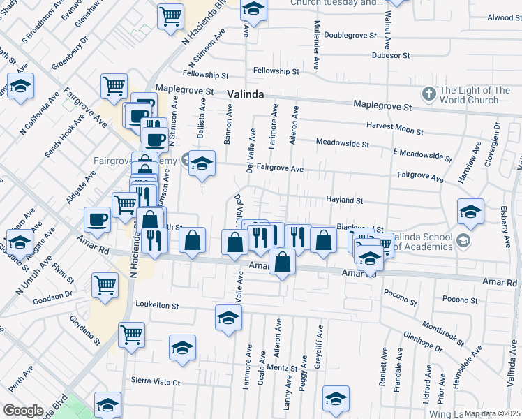 map of restaurants, bars, coffee shops, grocery stores, and more near 1118 Larimore Avenue in La Puente