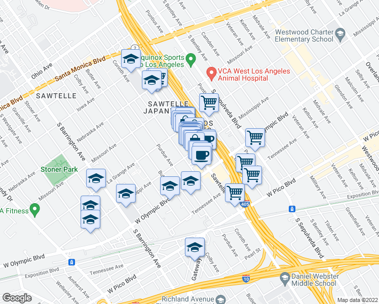 map of restaurants, bars, coffee shops, grocery stores, and more near 11315 Mississippi Avenue in Los Angeles
