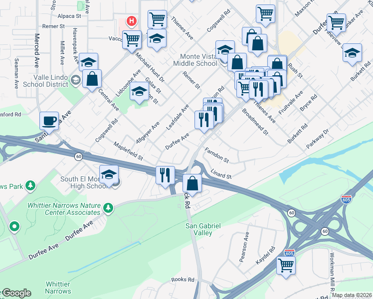 map of restaurants, bars, coffee shops, grocery stores, and more near 11264 Linard Street in South El Monte