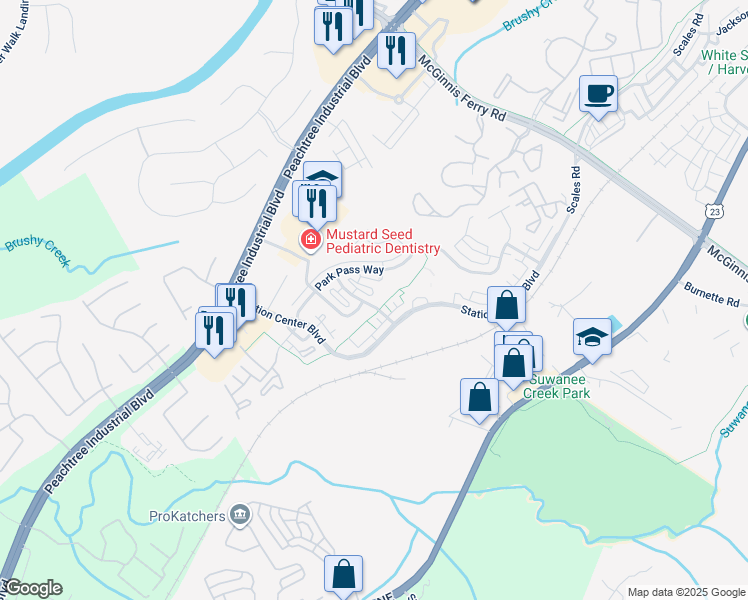 map of restaurants, bars, coffee shops, grocery stores, and more near 3967 Station Way Northwest in Suwanee