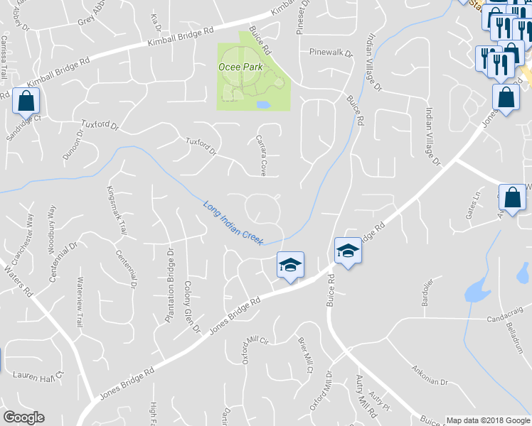 map of restaurants, bars, coffee shops, grocery stores, and more near 415 Willow View Knoll in Alpharetta