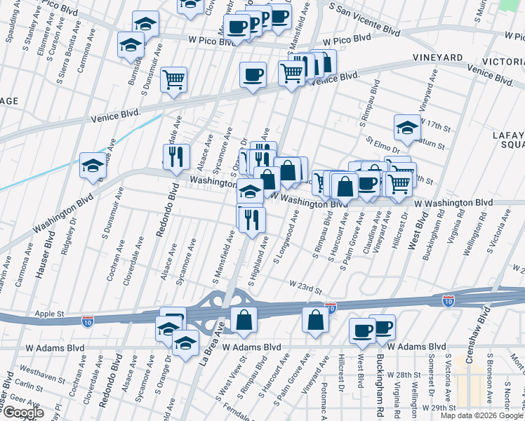 map of restaurants, bars, coffee shops, grocery stores, and more near 4937 20th Street in Los Angeles