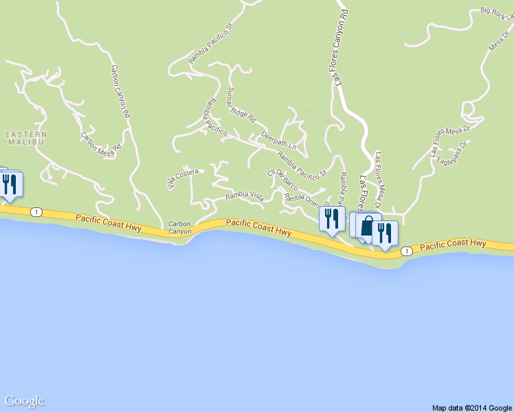 map of restaurants, bars, coffee shops, grocery stores, and more near 21550 Paseo Serra in Malibu