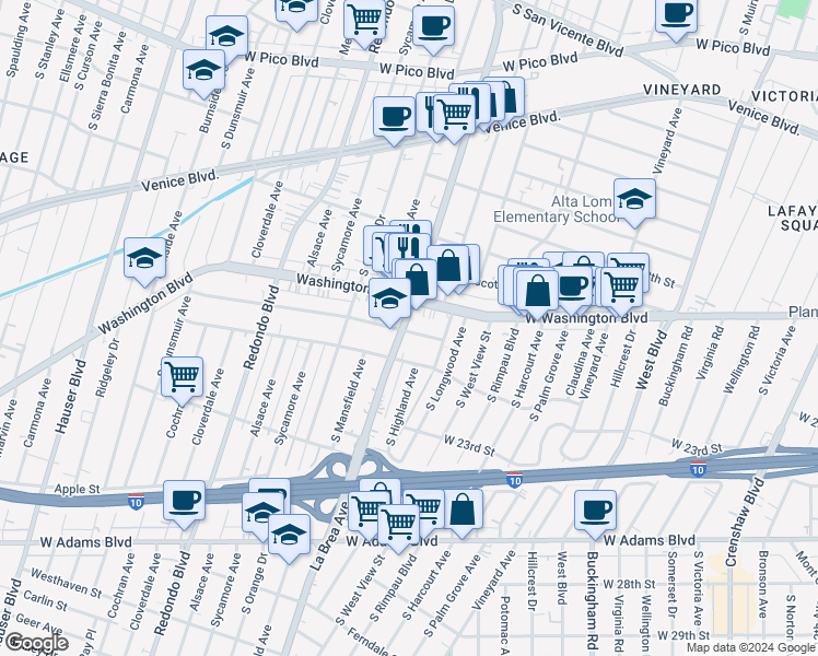 map of restaurants, bars, coffee shops, grocery stores, and more near 4937 20th Street in Los Angeles