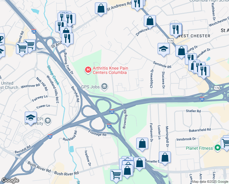 map of restaurants, bars, coffee shops, grocery stores, and more near 716 Zimalcrest Drive in Columbia