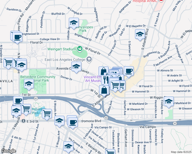 map of restaurants, bars, coffee shops, grocery stores, and more near 1306 Avenida Cesar Chavez in Monterey Park