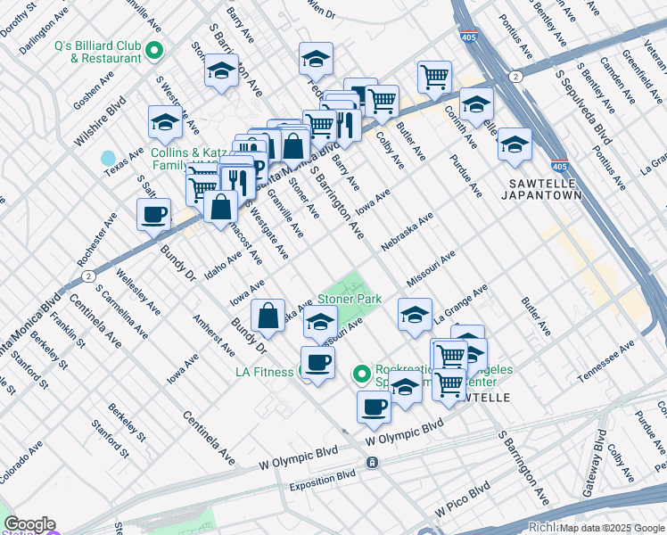 map of restaurants, bars, coffee shops, grocery stores, and more near 1742 Granville Avenue in Los Angeles