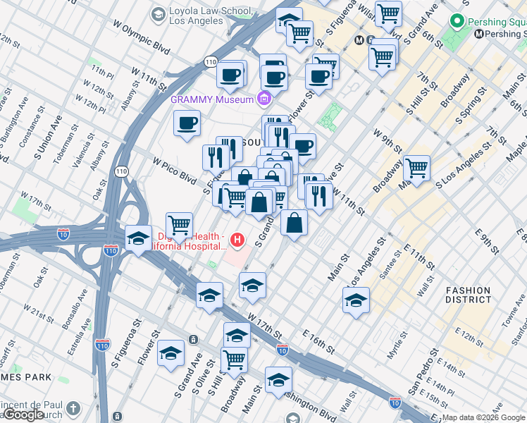 map of restaurants, bars, coffee shops, grocery stores, and more near 1249 South Grand Avenue in Los Angeles