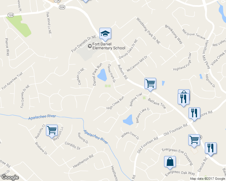 map of restaurants, bars, coffee shops, grocery stores, and more near 1560 Daniel Park Drive in Dacula