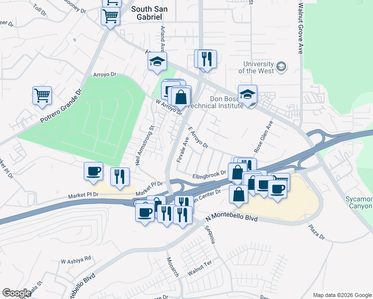 map of restaurants, bars, coffee shops, grocery stores, and more near 1640 Firvale Avenue in Montebello