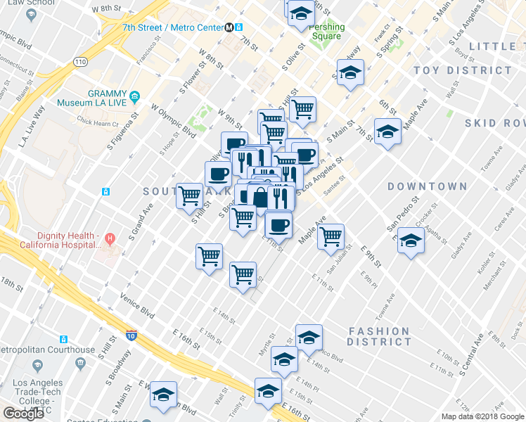 map of restaurants, bars, coffee shops, grocery stores, and more near 1017 South Los Angeles Street in Los Angeles