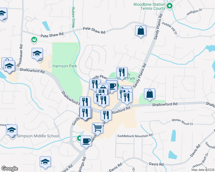 map of restaurants, bars, coffee shops, grocery stores, and more near 3618 Edenbourgh Place in Marietta