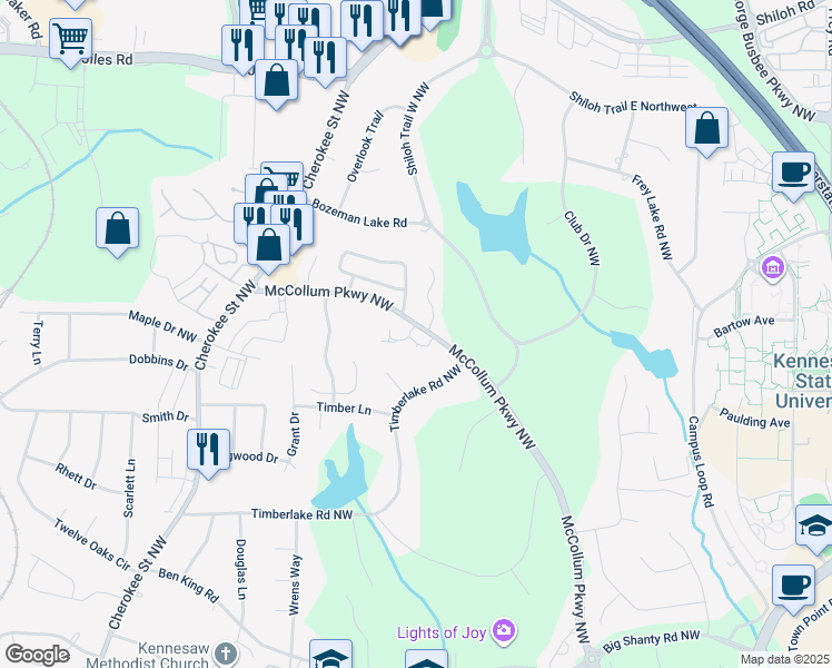 map of restaurants, bars, coffee shops, grocery stores, and more near 1125 Country Club Place in Kennesaw