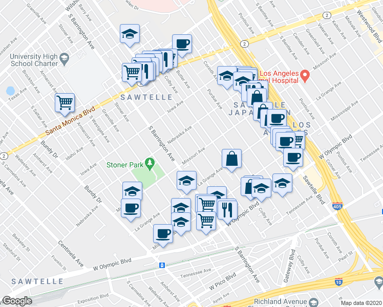 map of restaurants, bars, coffee shops, grocery stores, and more near 11637 Missouri Avenue in Los Angeles