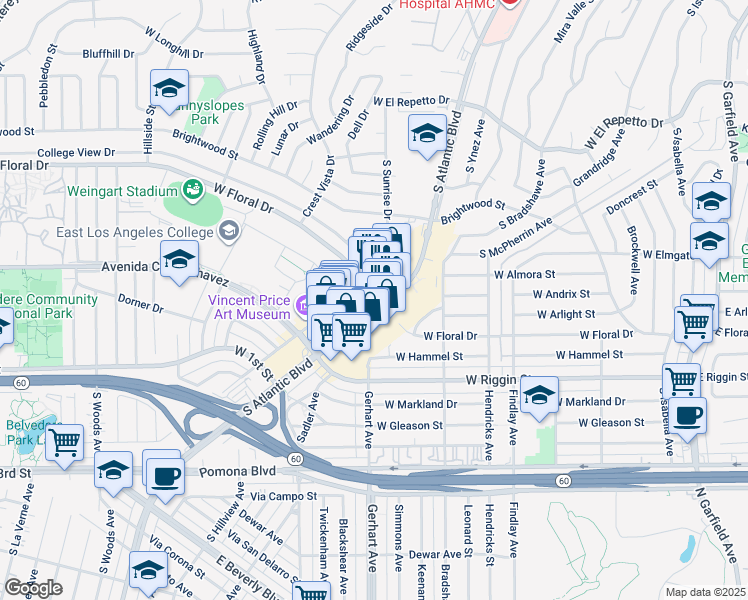 map of restaurants, bars, coffee shops, grocery stores, and more near 950 West Floral Drive in Monterey Park