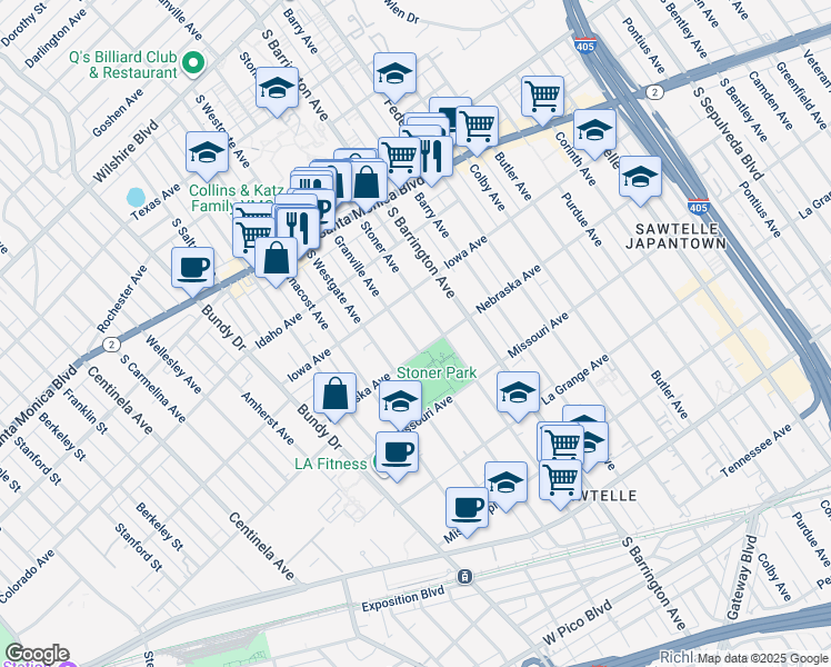 map of restaurants, bars, coffee shops, grocery stores, and more near 1742 Granville Avenue in Los Angeles