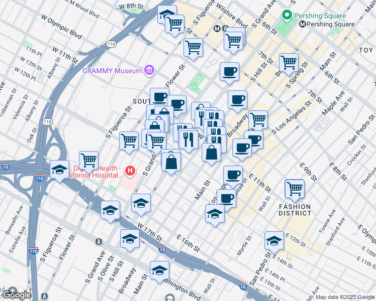 map of restaurants, bars, coffee shops, grocery stores, and more near 1149 South Hill Street in Los Angeles
