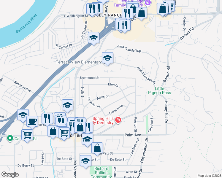map of restaurants, bars, coffee shops, grocery stores, and more near 11806 Arliss Way in Grand Terrace