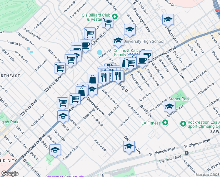 map of restaurants, bars, coffee shops, grocery stores, and more near 12203 West Ohio Avenue in Los Angeles