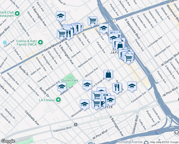 map of restaurants, bars, coffee shops, grocery stores, and more near 11635 Missouri Avenue in Los Angeles