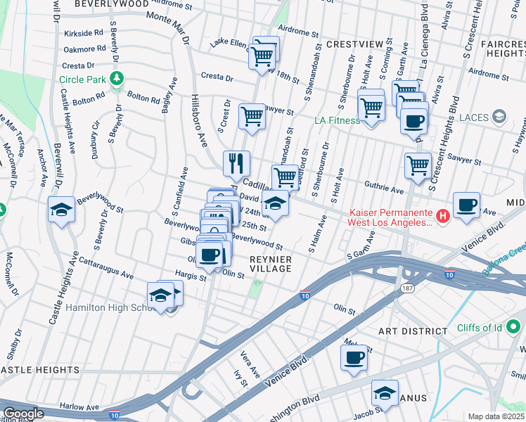 map of restaurants, bars, coffee shops, grocery stores, and more near 8925 West 24th Street in Los Angeles
