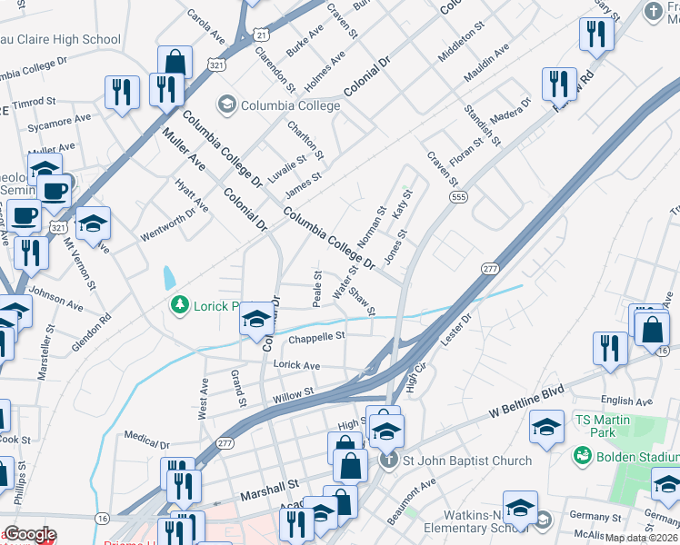 map of restaurants, bars, coffee shops, grocery stores, and more near 3908 Shaw Street in Columbia