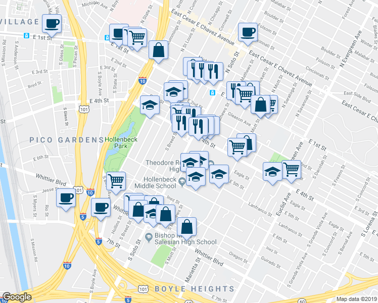 map of restaurants, bars, coffee shops, grocery stores, and more near 436 South Soto Street in Los Angeles