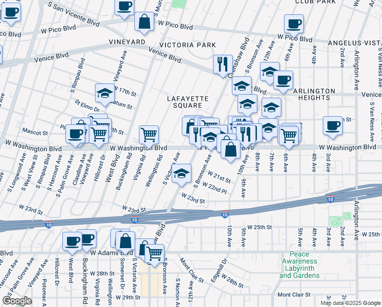 map of restaurants, bars, coffee shops, grocery stores, and more near 1902 South Victoria Avenue in Los Angeles