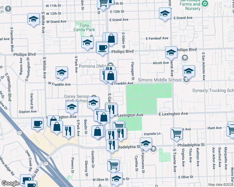 map of restaurants, bars, coffee shops, grocery stores, and more near 138 Greenhedge Lane in Pomona