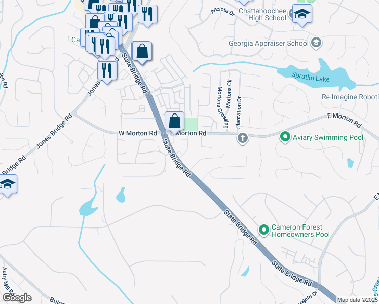 map of restaurants, bars, coffee shops, grocery stores, and more near 10603 Naramore Lane in Alpharetta