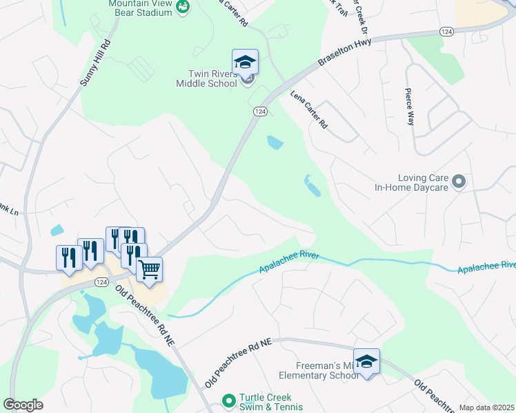 map of restaurants, bars, coffee shops, grocery stores, and more near 1867 Willoughby Drive in Buford