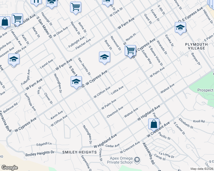 map of restaurants, bars, coffee shops, grocery stores, and more near 635 Harding Drive in Redlands