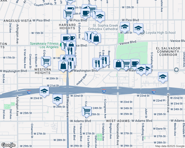 map of restaurants, bars, coffee shops, grocery stores, and more near 1909 South Harvard Boulevard in Los Angeles