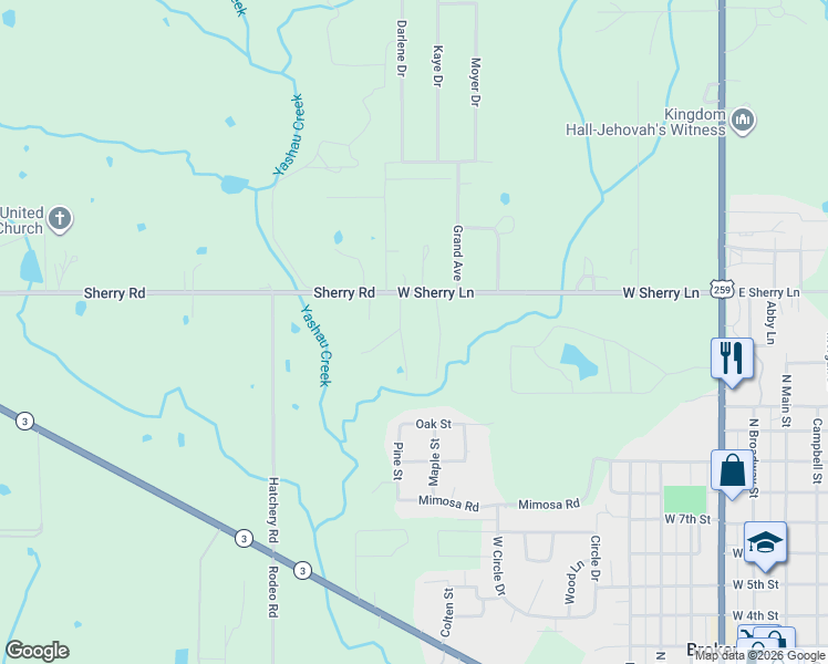 map of restaurants, bars, coffee shops, grocery stores, and more near 86 Preserve Way in Broken Bow