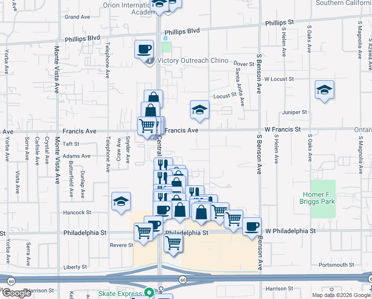 map of restaurants, bars, coffee shops, grocery stores, and more near 5402 Adams Court in Chino