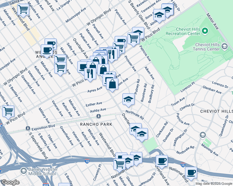 map of restaurants, bars, coffee shops, grocery stores, and more near 10649 Esther Avenue in Los Angeles