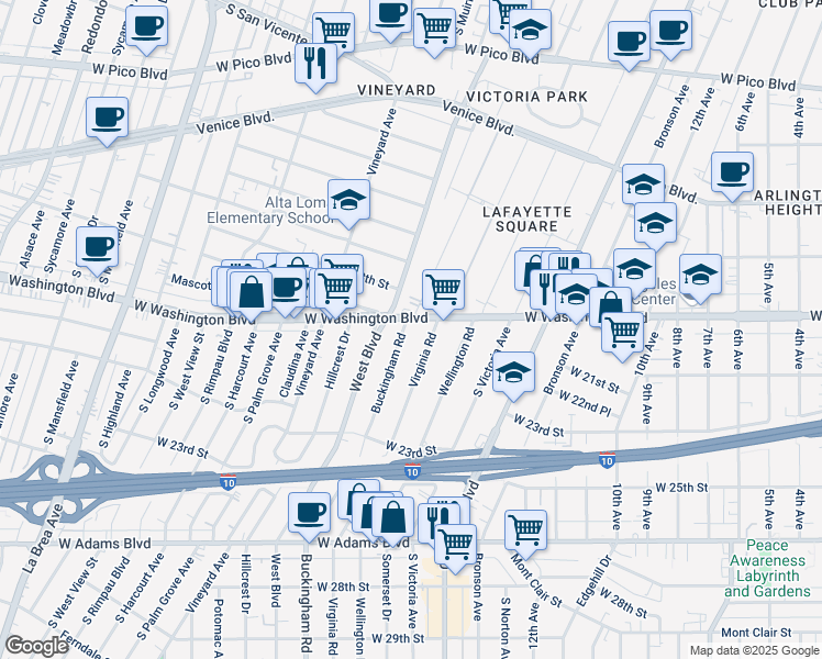 map of restaurants, bars, coffee shops, grocery stores, and more near 1908 Buckingham Road in Los Angeles