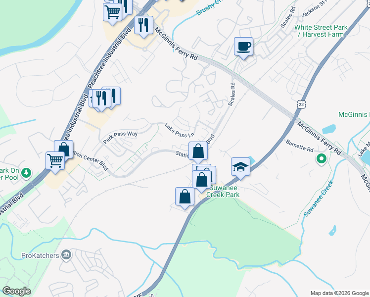 map of restaurants, bars, coffee shops, grocery stores, and more near 1168 Lake Point Way in Suwanee