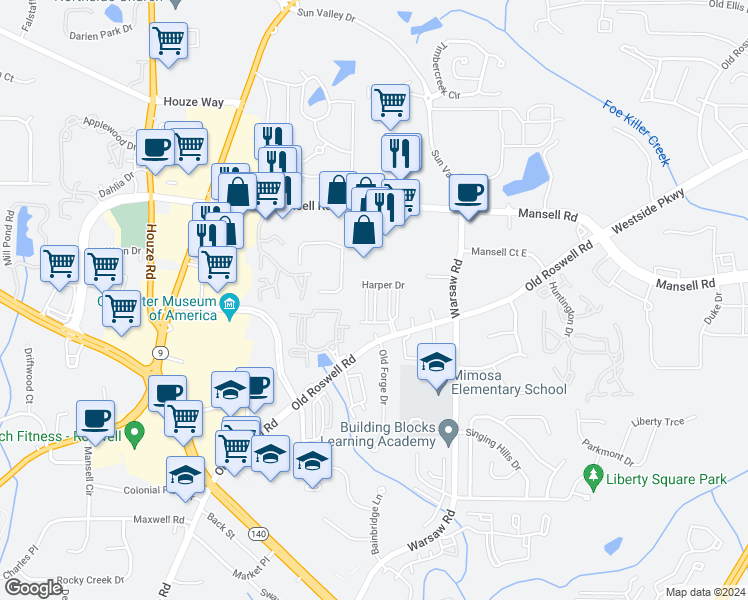 map of restaurants, bars, coffee shops, grocery stores, and more near 1304 Lowe Lane in Roswell