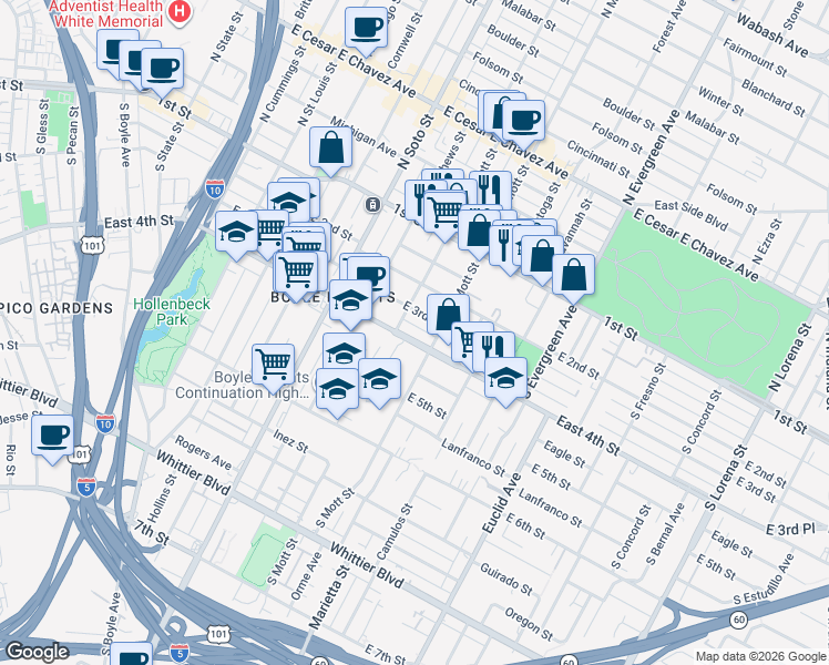 map of restaurants, bars, coffee shops, grocery stores, and more near 2617 East 4th Street in Los Angeles