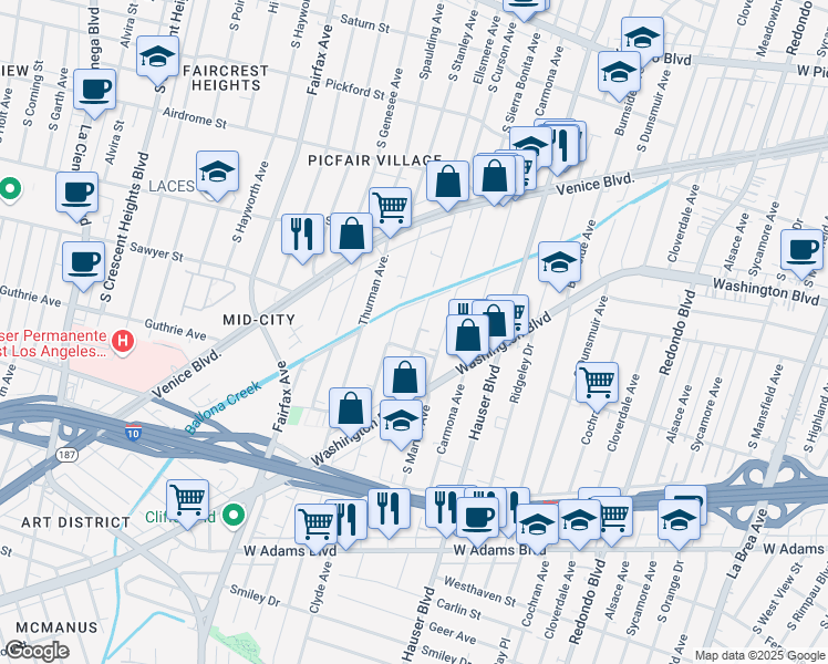 map of restaurants, bars, coffee shops, grocery stores, and more near 2023 South Curson Avenue in Los Angeles
